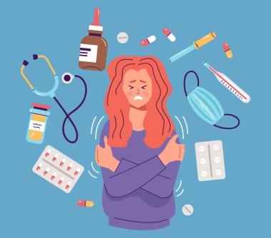 Hasta insanlar soğuk algınlığı ve grip hastalıkları tıbbi tedavi konsepti. Vektör grafik tasarımı illüstrasyonu