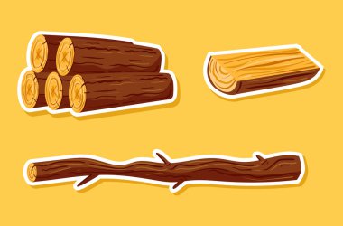 İzole edilmiş beyaz zemin üzerinde çiğ ahşap gövde çıkartmaları ve çam meşesi ağacından kalaslar kes. Vektör karalama el çizilmiş grafik tasarım illüstrasyonu