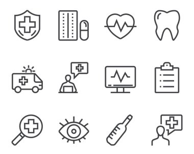 Tıp hastanesi sağlık doktoru basit çizgi ikonu setini izole etti. Vektör düz grafik tasarım çizimi