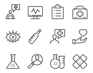 Tıp hastanesi sağlık doktoru basit çizgi ikonu setini izole etti. Vektör düz grafik tasarım çizimi