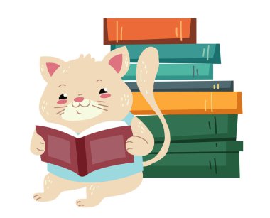 Kedi karakteri kitap konsepti. Vektör tasarımı grafik illüstrasyonu