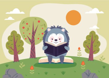 Orman hayvanı karakterleri kitap konsepti okuyor. Vektör düz grafik tasarım çizimi