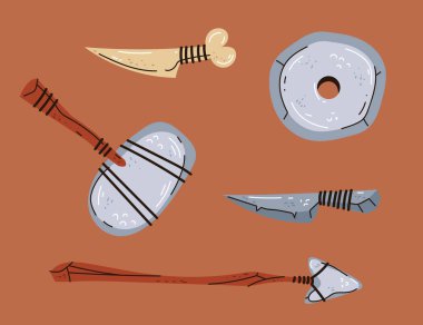 Tarih öncesi arkeoloji silahları izole edildi. Vektör düz grafik tasarım çizimi