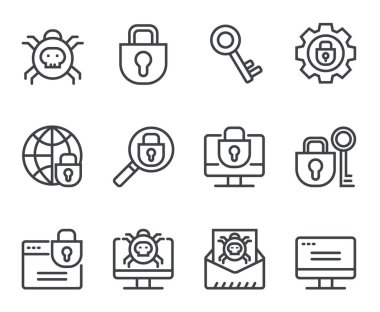 İnternet siber güvenlik izole edilmiş ağ simgesi seti. Vektör düz grafik tasarım çizgi filmi