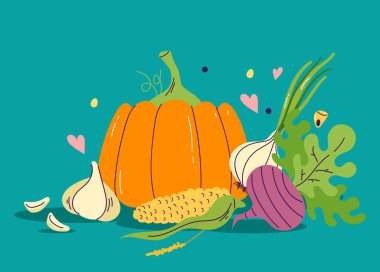 The concept of compositions of vegetables and fruits. Vector flat cartoon illustration of design element clipart