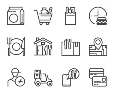 Yemek teslimatı ikon seti. Vektör düz çizgi film grafik tasarımı