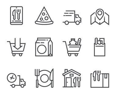 Yemek teslimatı ikon seti. Vektör düz çizgi film grafik tasarımı