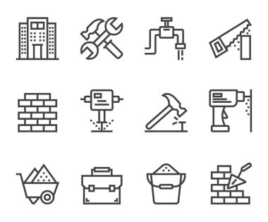 Construction house project development isolated line thin icon set