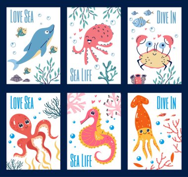 Deniz hayvanı okyanusu, su altında sevimli el ilanları, izole edilmiş konsept. Vektör grafik tasarımı illüstrasyonu