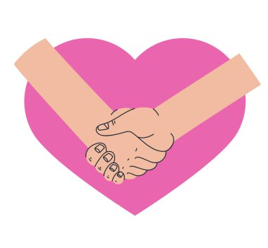 Arka planda bir kalple arkadaşlık desteği tokalaşması. Vektör grafik basit karalama çizgisi tasarım çizimi illüstrasyonu