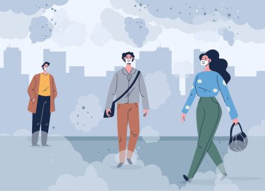 Şehirdeki kirli mikrop havasında koruyucu maskeler takan insanlar. Vektör grafik basit karalama çizgisi tasarım çizimi illüstrasyonu