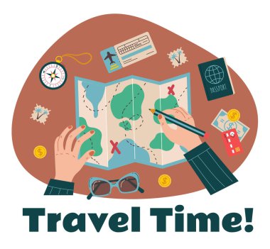 El ele tutuşan seyahat haritası. Seyahat konsepti. Vektör grafik basit karalama çizgisi tasarım çizimi illüstrasyonu