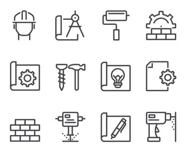 Construction house project development isolated line thin icon set