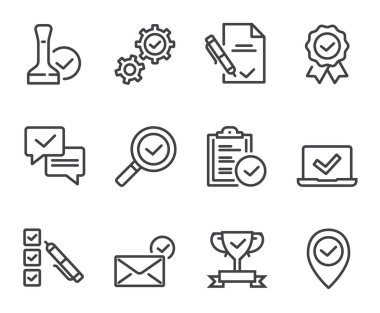 Test tiki onay işaretini kontrol et. Düz çizgi ince izole simge seti