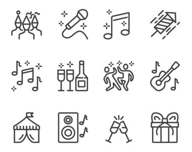 Festival selebration konser partisi disko dansı düz siyah ince çizgi darbesi ikon setini izole etti