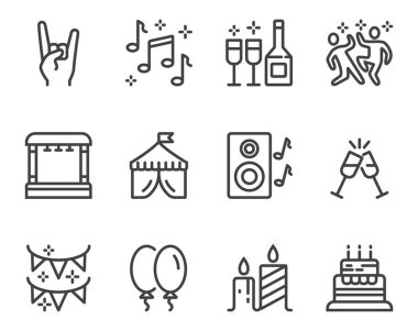 Festival selebration konser partisi disko dansı düz siyah ince çizgi darbesi ikon setini izole etti