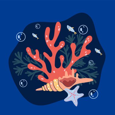 Deniz yosunu ve deniz dibi kompozisyon konsepti. Vektör grafik tasarım çizim ögesi