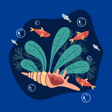 Deniz yosunu ve deniz dibi kompozisyon konsepti. Vektör grafik tasarım çizim ögesi