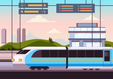 Tren yolu tren istasyonu. Çizgi film stili illüstrasyonlu.