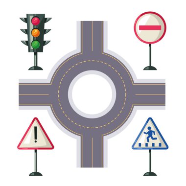 Yol işaretleri ve trafik ışığı tasarım elementi olan yol kavşağı