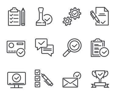 Test tiki onay işaretini kontrol et. Düz çizgi ince izole simge seti