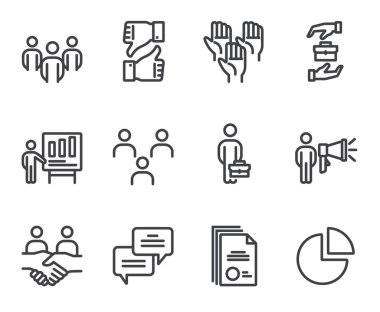 İş adamları, çalışanların patronlarının birlikte çalışması. İş başarısı takım çalışması konsepti. Düz çizgi ince izole simge seti