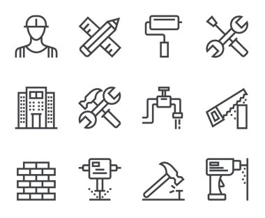 Construction house project development isolated line thin icon set