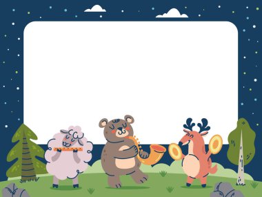 Gece ormanı ve boş metin yeri olan çayır pankartlı hayvanlar. Düz grafik tasarım karikatür çizimi