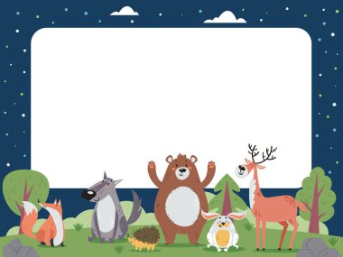 Gece ormanı ve boş metin yeri olan çayır pankartlı hayvanlar. Düz grafik tasarım karikatür çizimi
