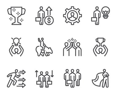 Business Finans Ekibi Ofisi başarı çizgisi resim simgeleri seti. Düz grafik tasarım karikatür çizimi