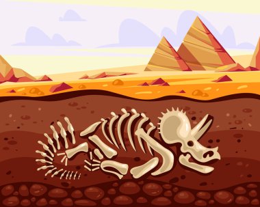 Dinozor triceratops iskeleti arkeoloji kazı kavramı olarak kalır. Vektör düz grafik tasarım çizimi