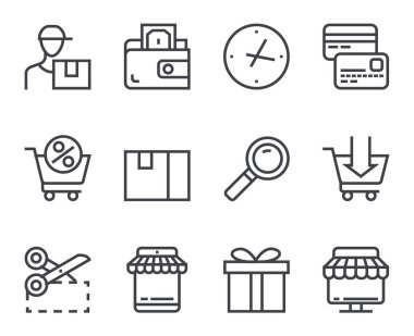 Alışveriş çizgisi çizgisi düz stil simgeleri izole edildi. Vektör düz grafik tasarım çizimi