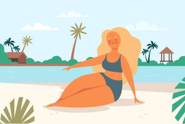 Kumsal konseptiyle güneşlenen bir kadın. Vektör düz grafik tasarım çizimi