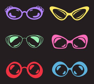 Farklı renkli güneş gözlüğü konsepti. Vektör düz grafik tasarım elemanı gösterimi