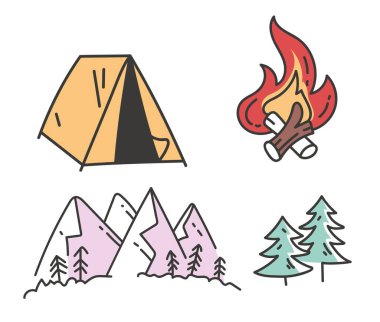 Dağ yürüyüşü doğa macerası kampı izole edilmiş. Vektör karikatür grafik tasarım elemanı çizimi