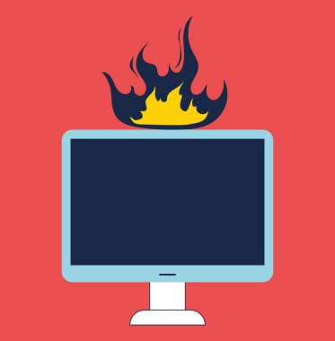 Dizüstü bilgisayarın yanma sorunu iş yeri kavramı. Vektör düz grafik tasarım çizimi