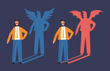 Meleği ve şeytanı olan iş adamları basit, izole edilmiş bir tarz izlerler. Vektör düz grafik tasarım çizimi