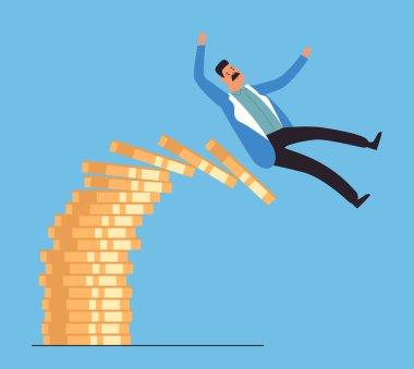 Para yığınından düşen iş adamları. İş başarısızlığı basit tarz izole kavram. Vektör düz grafik tasarım çizimi