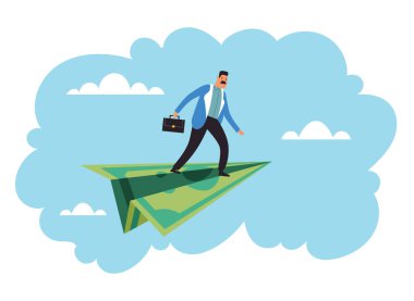 İş adamları kağıt uçakla uçar. Basit, izole edilmiş bir konsept. Vektör düz grafik tasarım çizimi