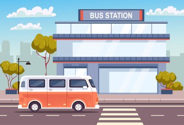 Otobüs durağında bekleyen insanlar. Basit tasarım konseptiyle seyahat et. Vektör düz çizgi film grafik çizimi