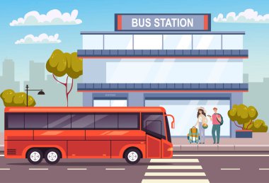 Otobüs durağında bekleyen insanlar. Basit tasarım konseptiyle seyahat et. Vektör düz çizgi film grafik çizimi