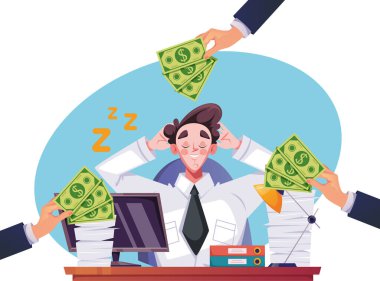 Ofis çalışanı, masa başı çizgi film tasarımı konseptinde oturarak para kazanmayı hayal ediyor. Vektör düz çizgi film grafik çizimi