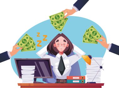 Ofis çalışanı, masa başı çizgi film tasarımı konseptinde oturarak para kazanmayı hayal ediyor. Vektör düz çizgi film grafik çizimi