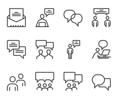 İletişim insanları konuşma baloncuğu izole çizgi ana hatları simgesi düz stil basit tasarım konsepti. Vektör karikatür grafik illüstrasyonu