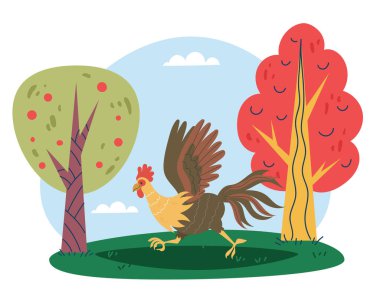 Tavuk ailesi sonbahar ormanı düz tasarım konseptiyle yürüyor. Vektör karikatür grafik illüstrasyonu