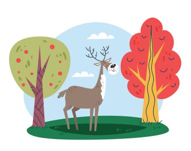 Geyik sonbahar ormanı düz tasarım konsepti üzerinde yürüyor. Vektör karikatür grafik illüstrasyonu