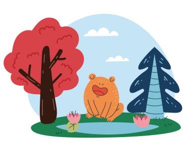 Sonbaharda bataklık ormanında kurbağa düz tasarım konsepti. Vektör karikatür grafik illüstrasyonu