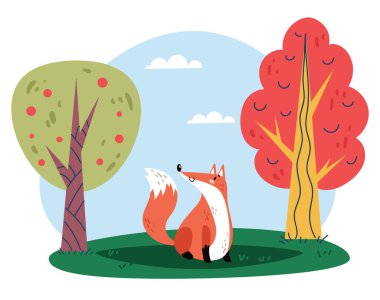 Fox sonbahar ormanı düz stil basit tasarım konsepti üzerinde yürüyor. Vektör karikatür grafik illüstrasyonu