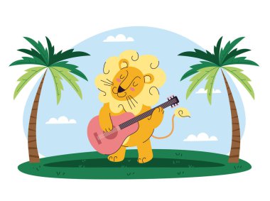 Aslan müzisyen cangıl düz tasarım konseptiyle müzik çalıyor. Vektör karikatür grafik illüstrasyonu