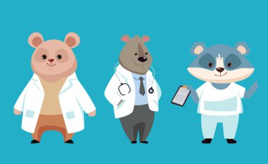 Hayvanlar, ayı, aslan, tavşan, köpek, rakun doktorları. Vektör tasarımı grafik illüstrasyonu